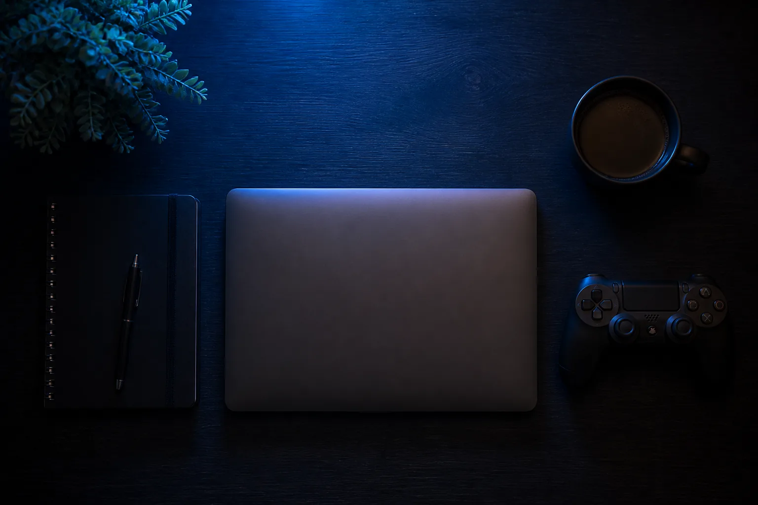 Escritorio de redacción gaming visto desde arriba, con laptop, cuaderno y mando bajo luz azul