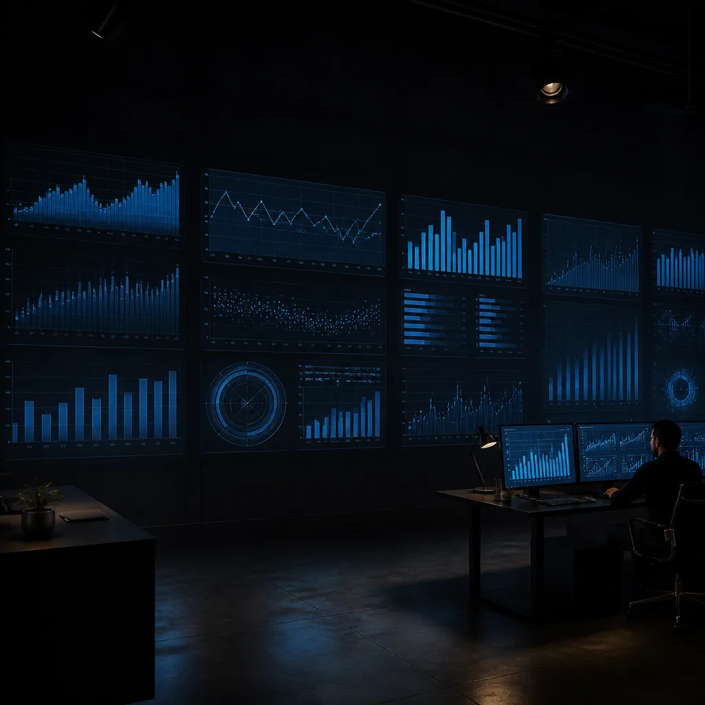Pared de gráficos y datos con brillo azul en una sala oscura