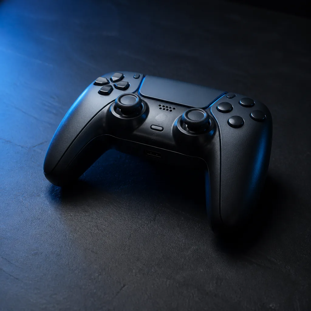 Mando de videojuegos bajo una luz azul fría