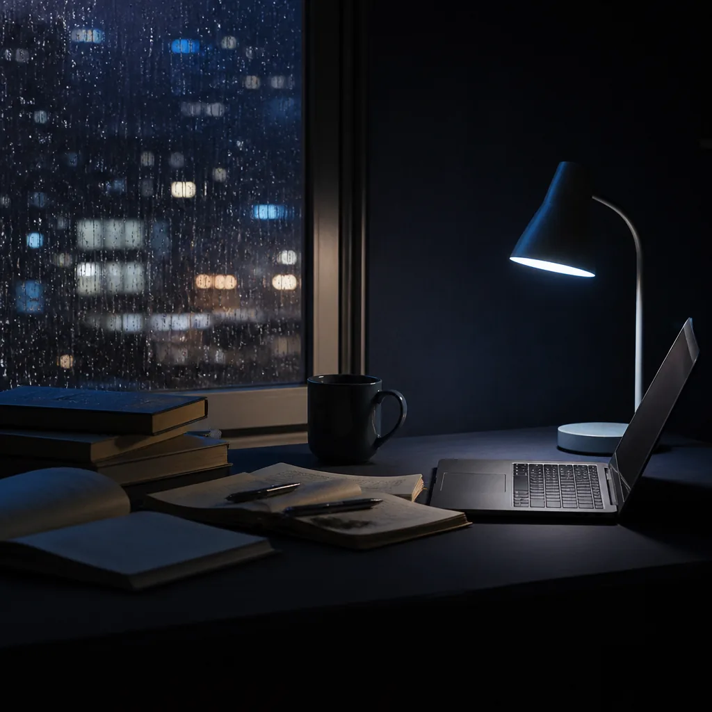 Rincón de escritura nocturno con luz azul junto a una ventana