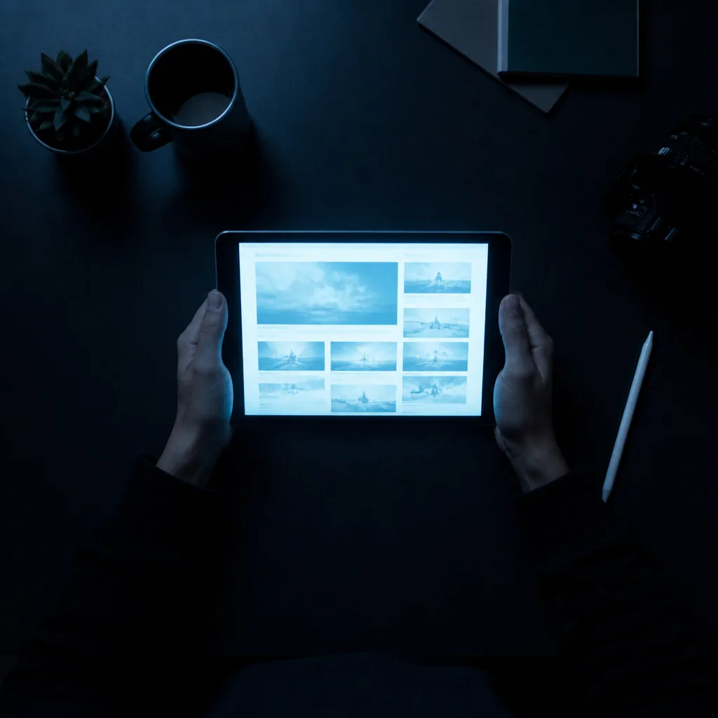 Manos leyendo un feed de noticias azul en una tablet de noche